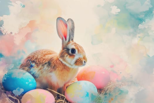 Adorable Easter Bunny With Easter Eggs, colorful Easter eggs, banner and wallpaper, watercolor.