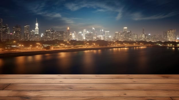 Blank wood tabletop with blurred night city skyline and river, showcase, nightlife, AI Generative.