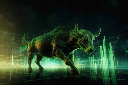 Double exposure of a silhouette bull run and uptrend chart, the bull market is rising.