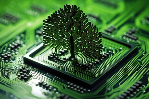 Tree growing on the converging point of computer circuit board, Green technology. AI Generative.