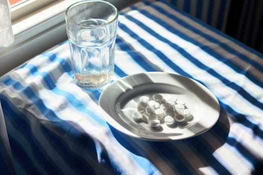 Photo of a medicine pills in a dish and glass of water with condensation.