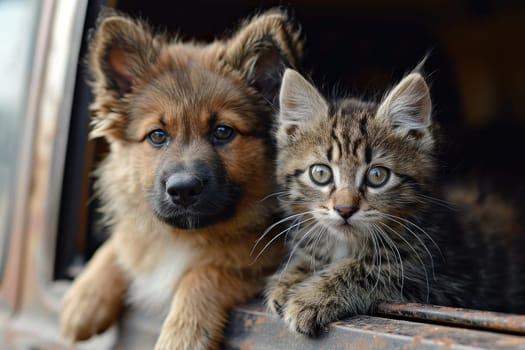 Happy dog and cat together in car looking out of the window. summer vocation travel.