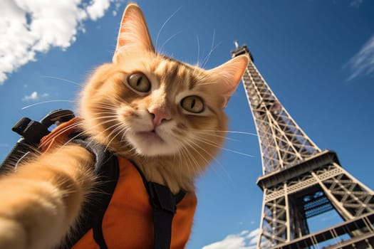 Funny cat going on vacation, cat travel concept, AI Generative.