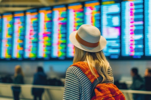 Photo of a people in The Airport In Front Of The Flight Information Display.