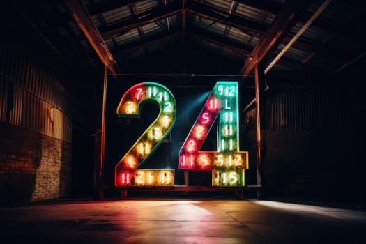 Happy new year 2024 neon light. Colorful design, trendy style, Number 24.