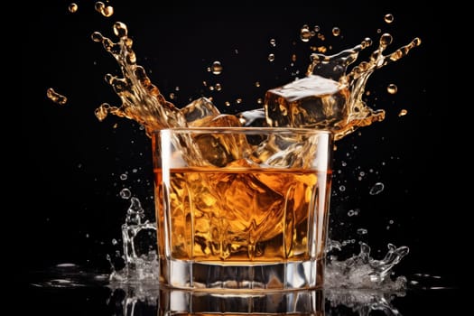 Glass of splashing whiskey or other alcohol with ice cube isolated on black background.
