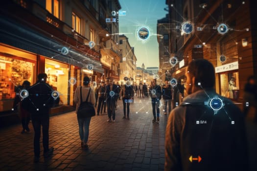 Surveillance camera of a crowd of people walking along busy city streets, AI generative.