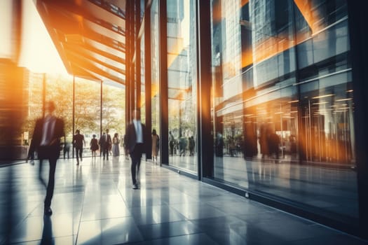 Blurred image of an office hallway with many business people walking in opposite directions.