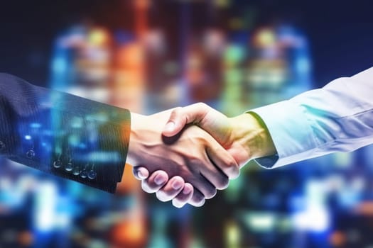 Double exposure on business people closing a deal with a handshake.