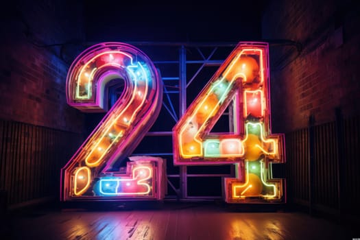 Happy new year 2024 neon light. Colorful design, trendy style, Number 24.