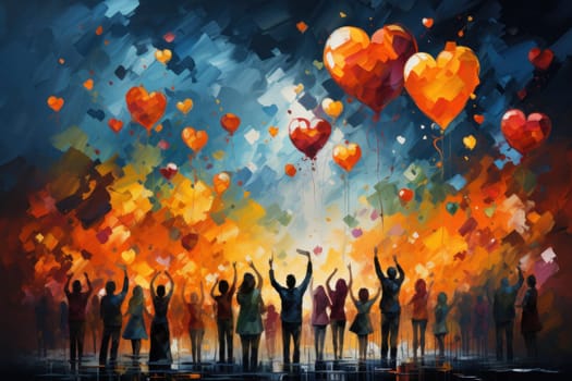Crowd of people, hands in the air, colorful hearts, Charity background with hands, AI generative.