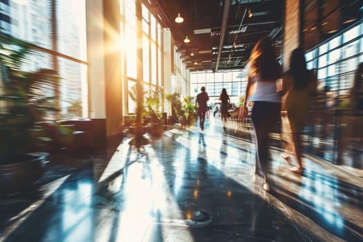 motion blur image of business people crowd walking at corporate office.