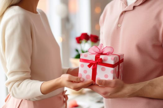 Woman surprising her partner with a homemade Valentine's day gift. Generative AI.