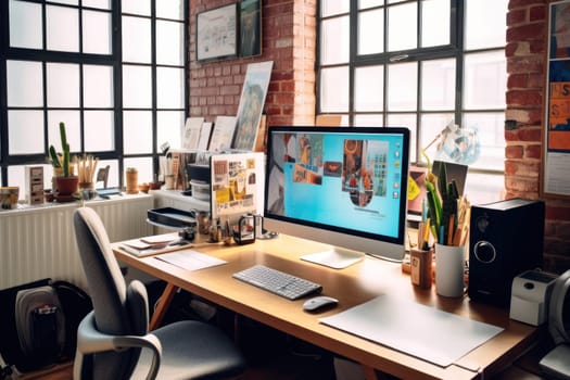 A designer's desk with a computer, designer's working table.