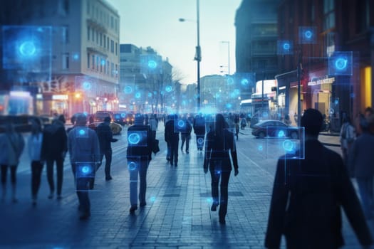Surveillance camera of a crowd of people walking along busy city streets, AI generative.