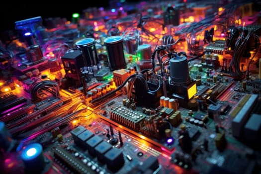 A circuit board with colorful electronic components and wires soldered together.