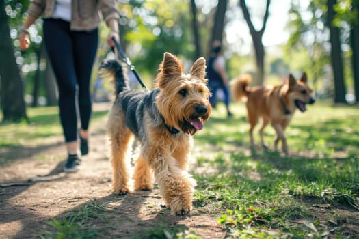 Owner and dog walking in garden unfocused background, Dog walker, Pet and owner.