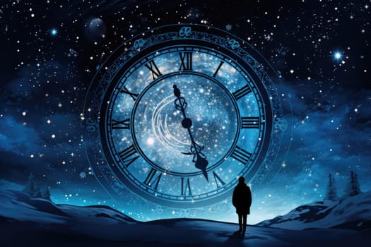 A clock frozen at midnight background, countdown concept, AI Generative.
