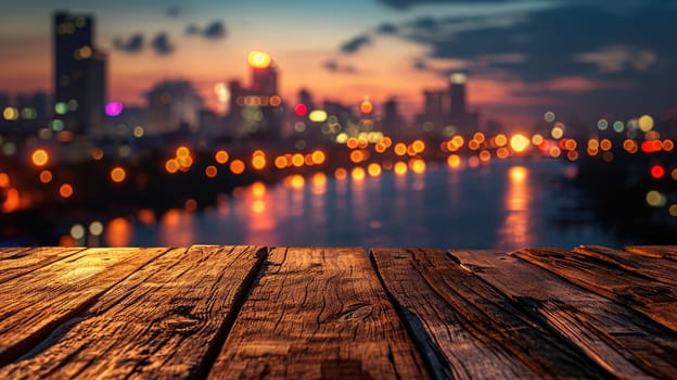 Blank wood tabletop with blurred night city skyline and river, showcase, nightlife,.
