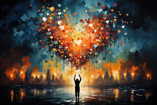 Crowd of people, hands in the air, colorful hearts, Charity background with hands, AI generative.