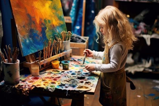 Portrait of little kid painting with copy space watercolor.