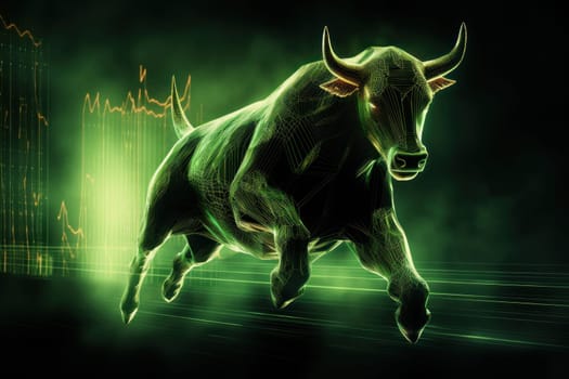 Double exposure of a silhouette bull run and uptrend chart, the bull market is rising.