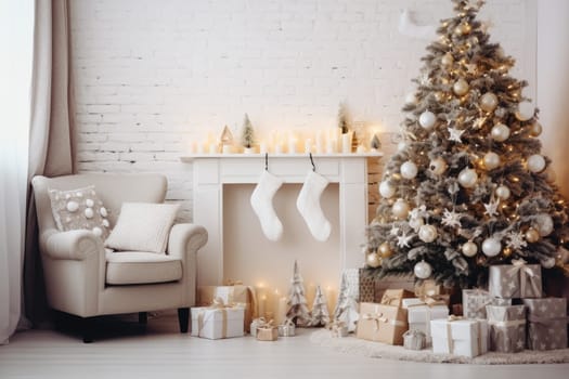 Beautiful Christmas tree in decorated living room. Festive interior.