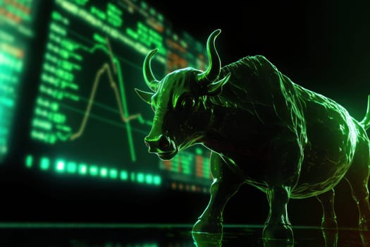 Double exposure of a silhouette bull run and uptrend chart, the bull market is rising.