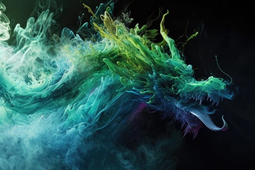 Image of dragon with colourful smoke on black background. Mythical creatures. Illustration.