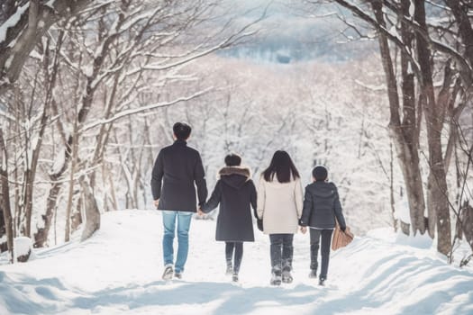 family walking together in a landscape covered with wonderful snow, AI Generative.