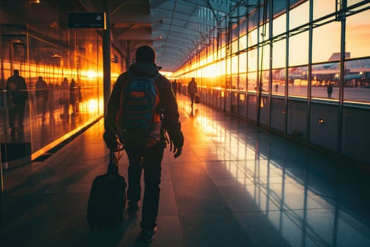 Traveling by airplane. Man walking with backpack and suitcase walking through airport terminal.