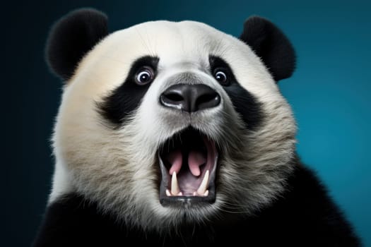 Funny surprised panda studio shot isolated bright color background.