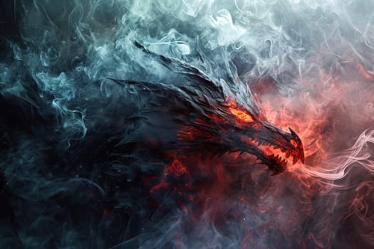 Image of dragon with colourful smoke on black background. Mythical creatures. Illustration.