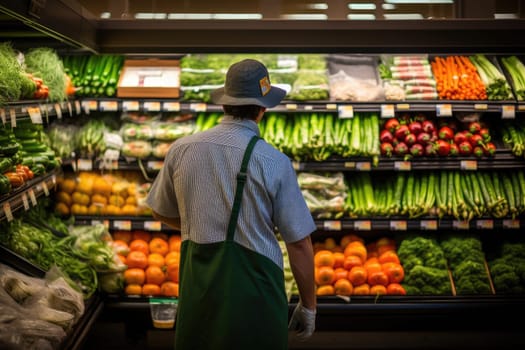 Fresh organic supermarket, A worker repacking shelves at the veggie department aisle, AI Generative.