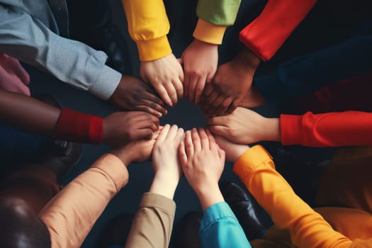 No room for racism, Many hands of different races and ethnicities. United for equality.