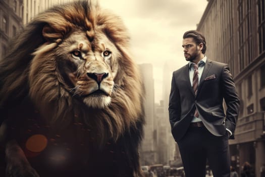 Resilient Business man Facing an Old Lion, AI Generative.