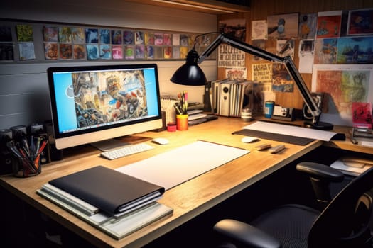 A designer's desk with a computer, designer's working table.
