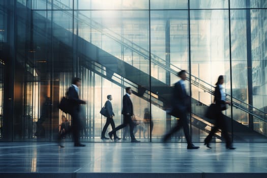 Blurred business people walking up and down stair outside office in fast movement.