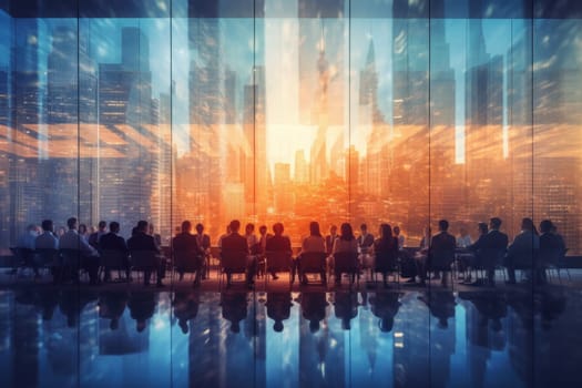 Double exposure image of business people conference group meeting on city building in background.