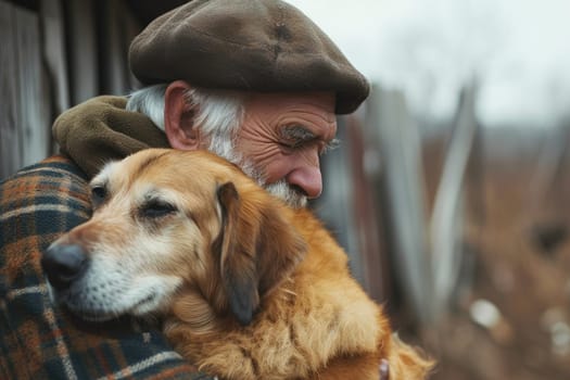 A portrait of a happy senior older with a dog, The elderly with pet.
