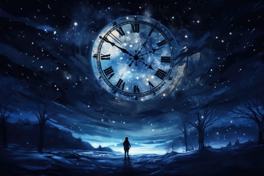 A clock frozen at midnight background, countdown concept, AI Generative.