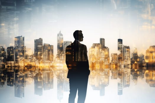 Business background, businessman double exposure effect and city buildings illustration.