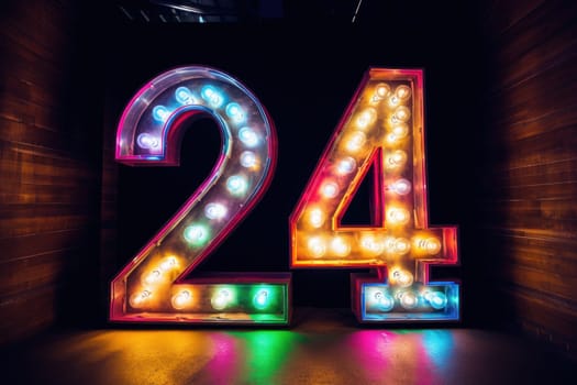 Happy new year 2024 neon light. Colorful design, trendy style, Number 24.