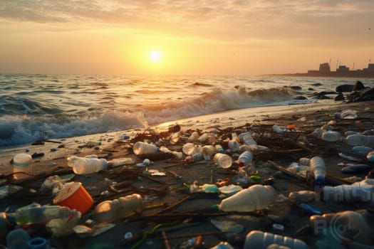 Shoreline tainted by plastic waste. Polluted beach with garbage.