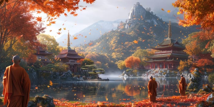 A monk contemplates beside a lake with autumn leaves and a temple backdrop. Resplendent.
