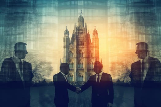 Double exposure on business people closing a deal with a handshake.