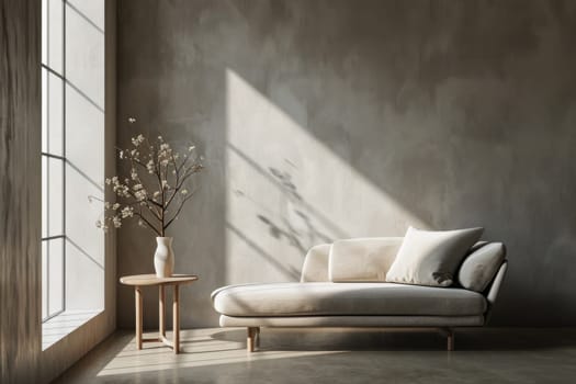 Minimal living room, minimal blank wall couch full sized window side table vase, home interior.