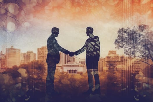 Double exposure on business people closing a deal with a handshake.