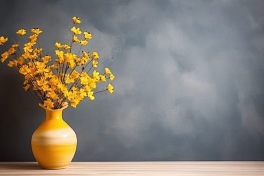 Vase of wildflowers on wooden table and pastel wall texture background.