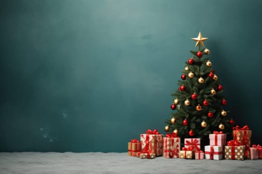 Christmas Tree Winter with Gift Boxes green Background for advertising.